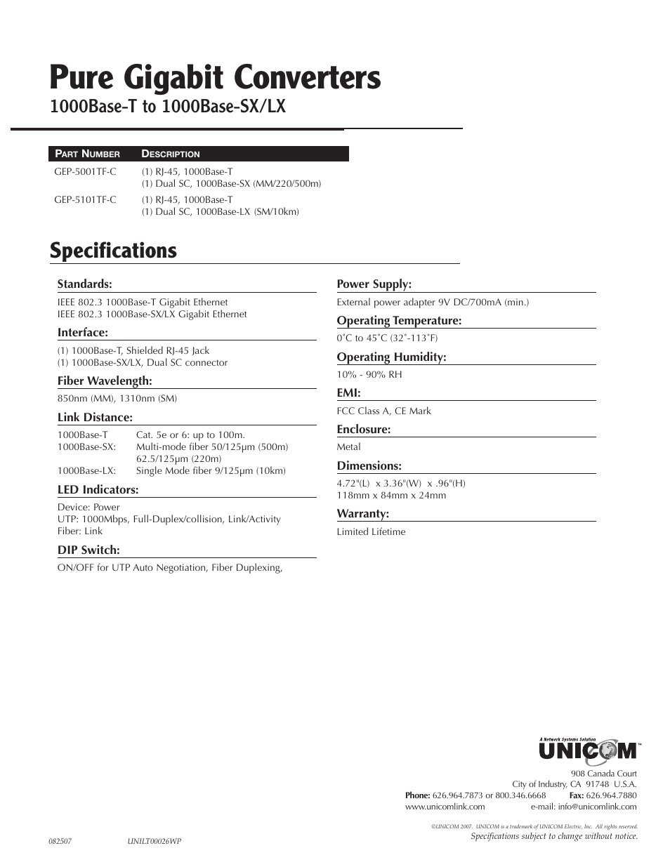 UNICOM Electric GEP-5101TF-C User Manual | 1 page