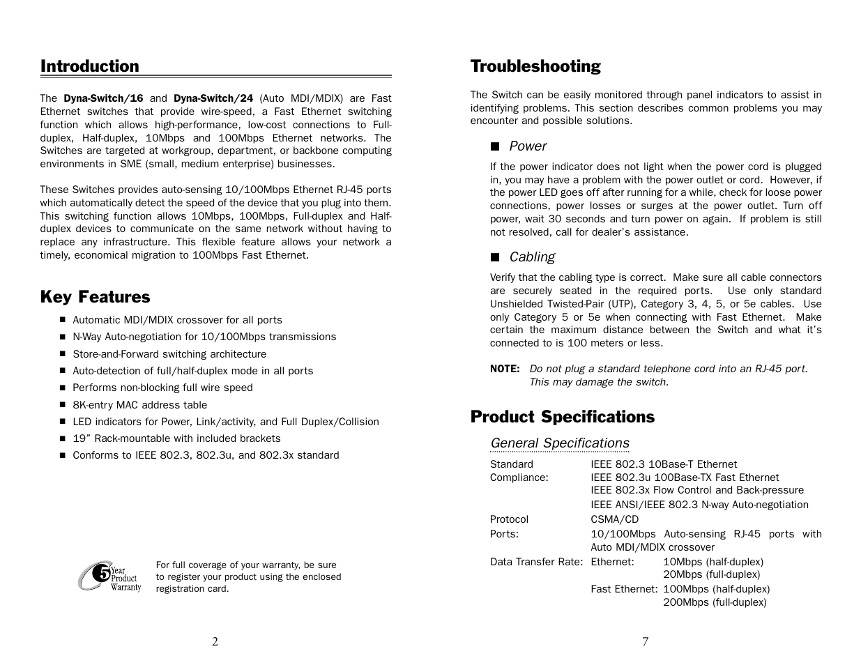 Introduction, Key features, Troubleshooting | Product specifications | UNICOM Electric DYNA SWITCH FEP-31016T-1 User Manual | Page 3 / 5