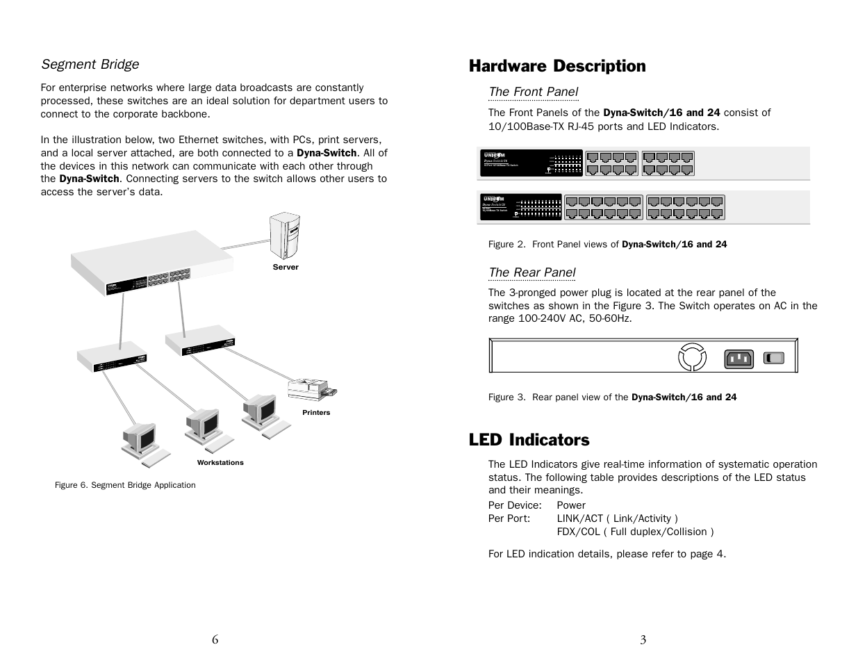 Hardware description, Led indicators, Segment bridge | UNICOM Electric DYNA SWITCH FEP-31016T-1 User Manual | Page 4 / 5