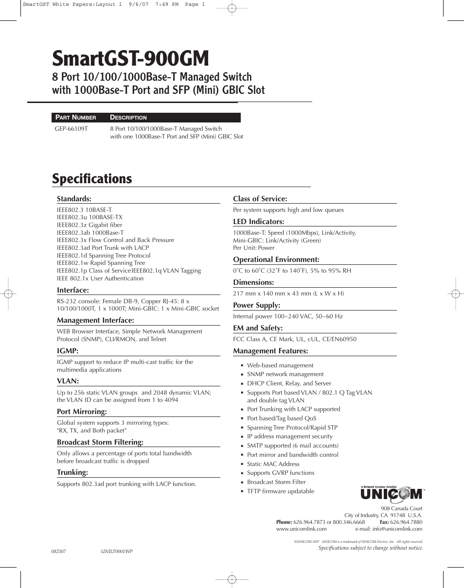 UNICOM Electric SmartGST-900GM User Manual | 1 page