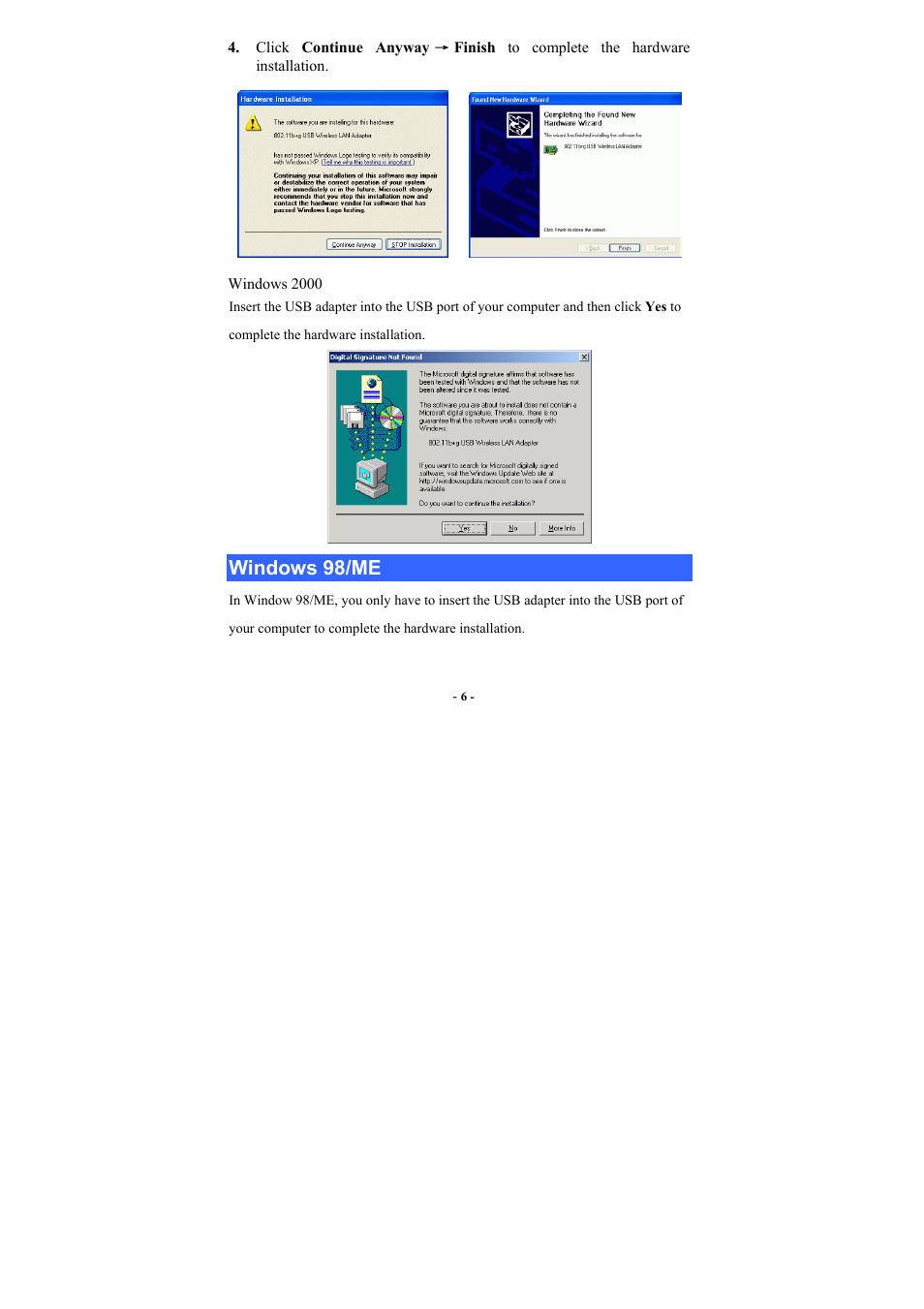 Windows 98/me, Indows, 98/me | UNICOM Electric 802.11b+g User Manual | Page 9 / 35