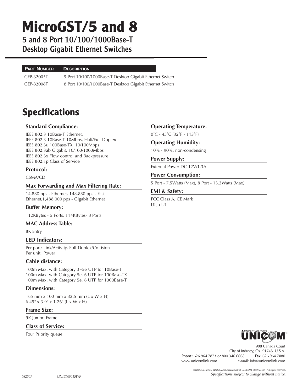 UNICOM Electric 5 User Manual | 1 page