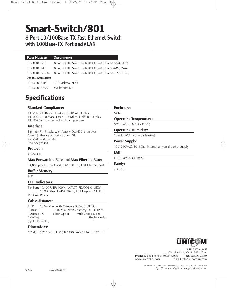 UNICOM Electric 801 User Manual | 1 page