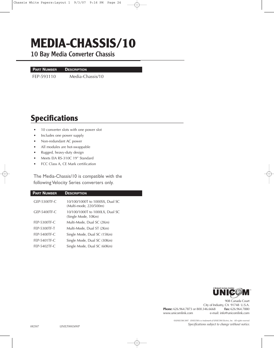 UNICOM Electric Media-Chassis/10 FEP-593110 User Manual | 1 page