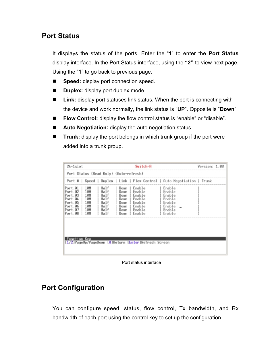 Port status, Port configuration | UNICOM Electric GST-2402 User Manual | Page 20 / 34