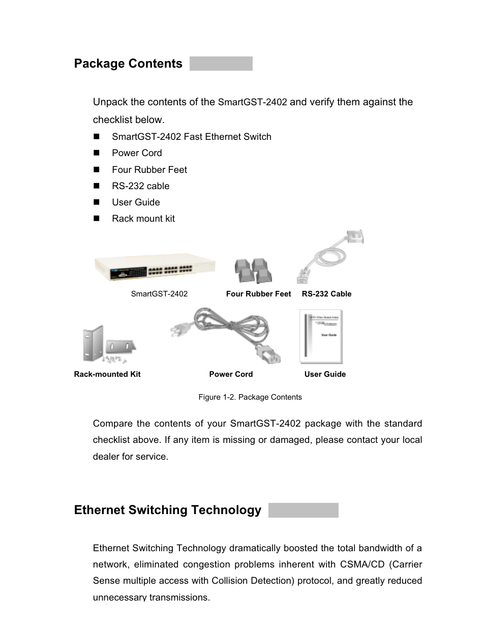 Package contents, Ethernet switching technology | UNICOM Electric GST-2402 User Manual | Page 7 / 34