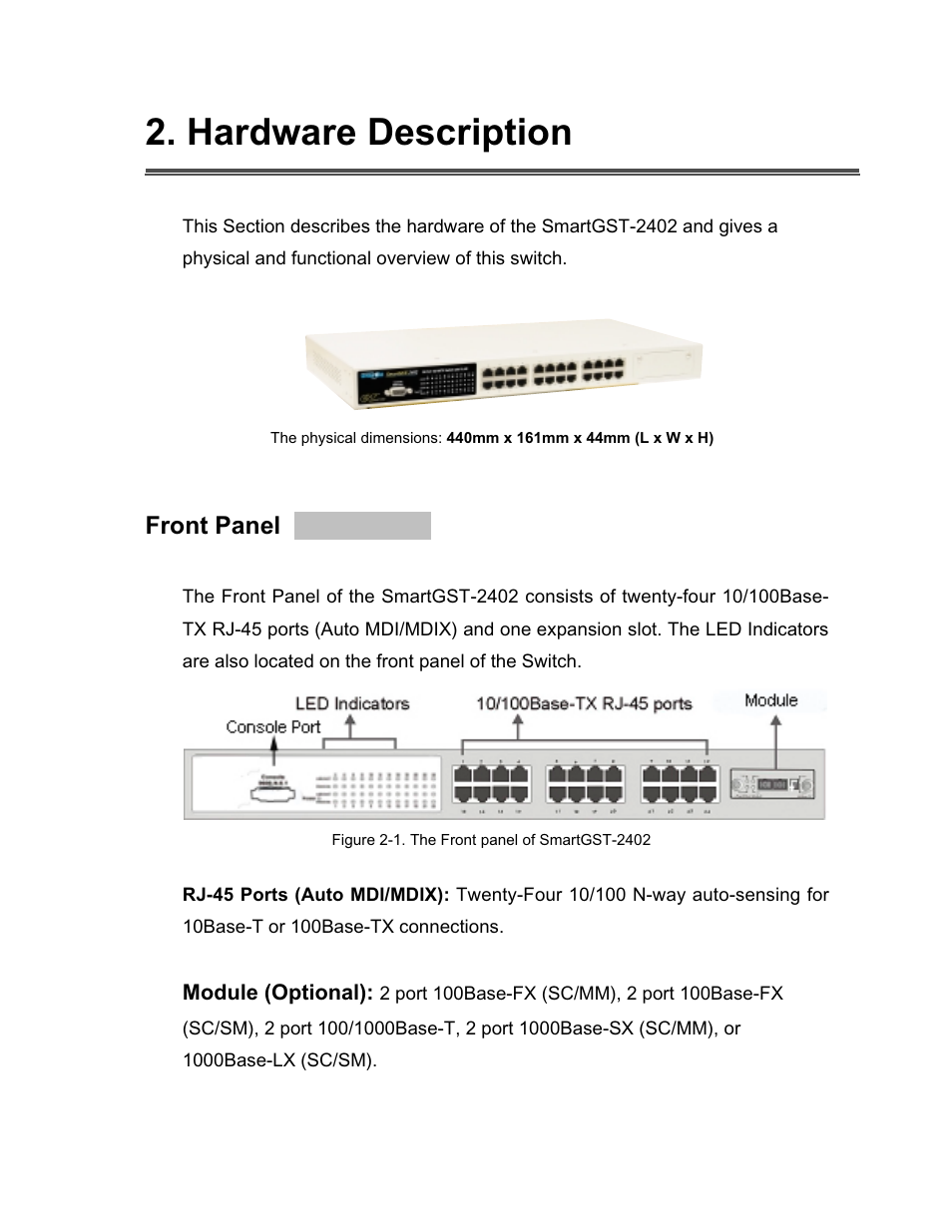 Hardware description, Front panel | UNICOM Electric GST-2402 User Manual | Page 9 / 34