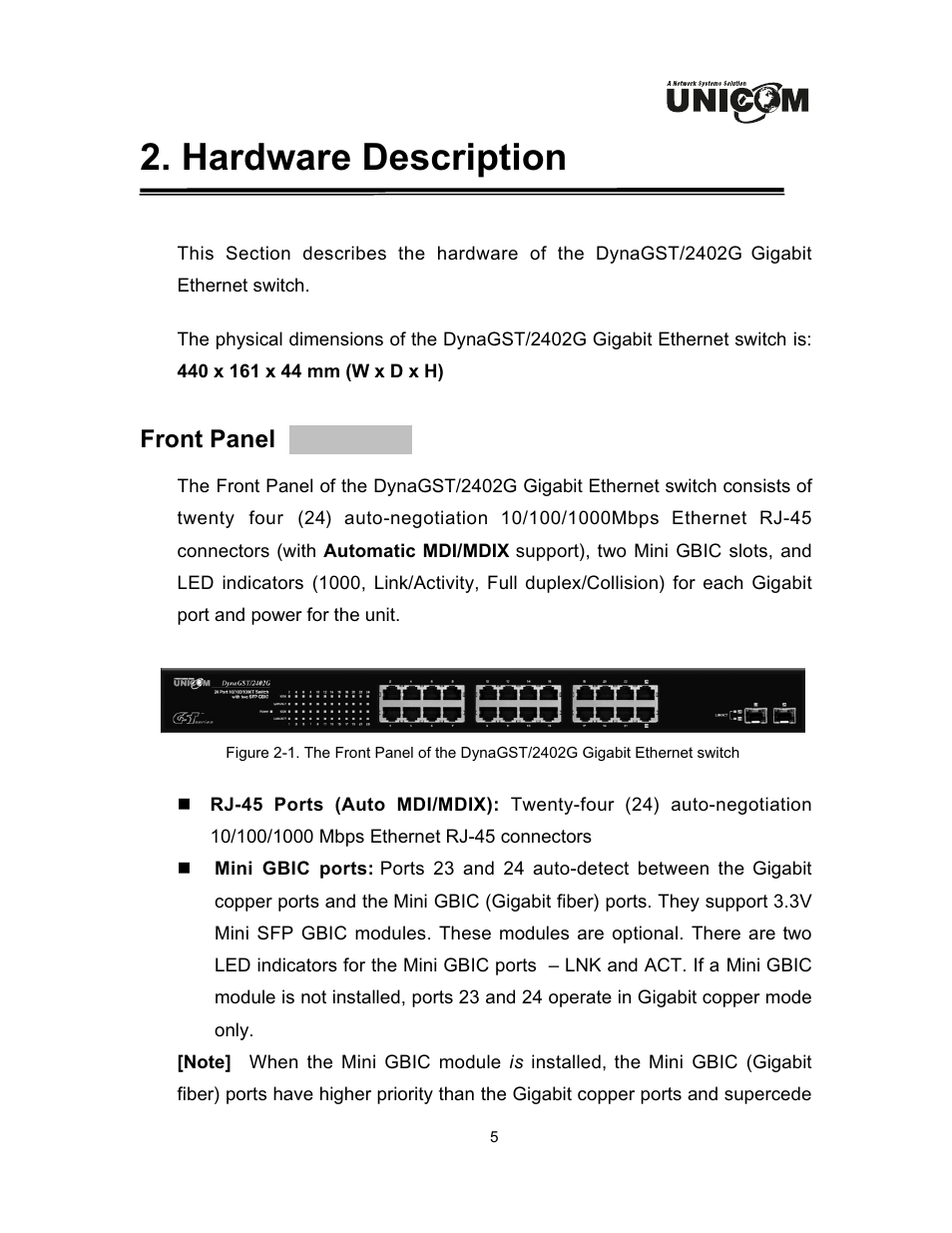 Hardware description, Front panel | UNICOM Electric DynaGST/2402G User Manual | Page 8 / 18