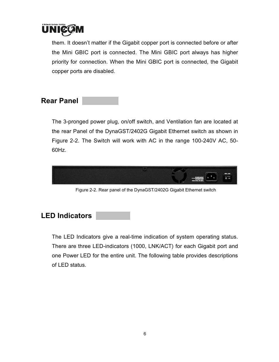 Rear panel, Led indicators | UNICOM Electric DynaGST/2402G User Manual | Page 9 / 18
