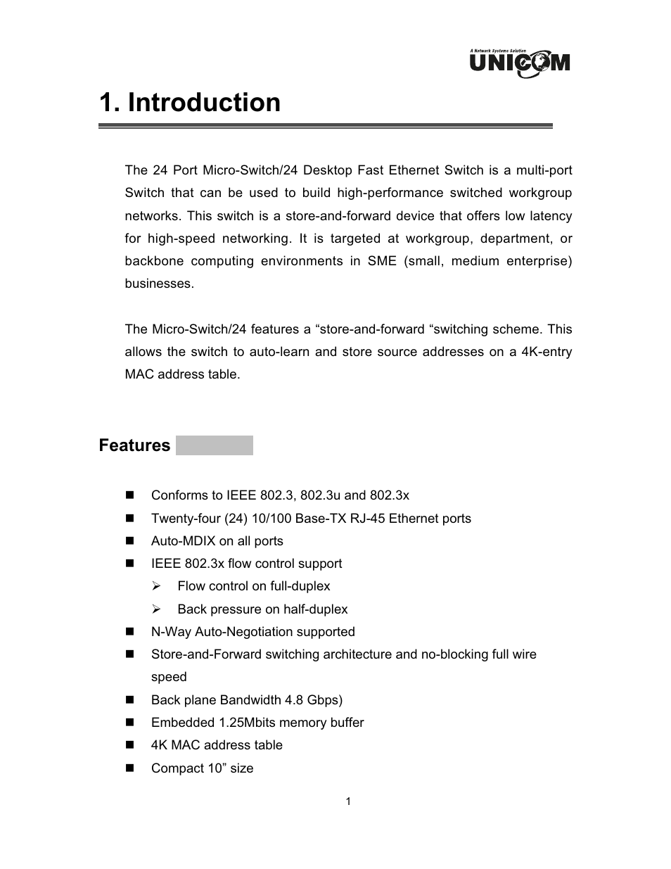 Introduction, Features | UNICOM Electric FEP-32024T User Manual | Page 4 / 15