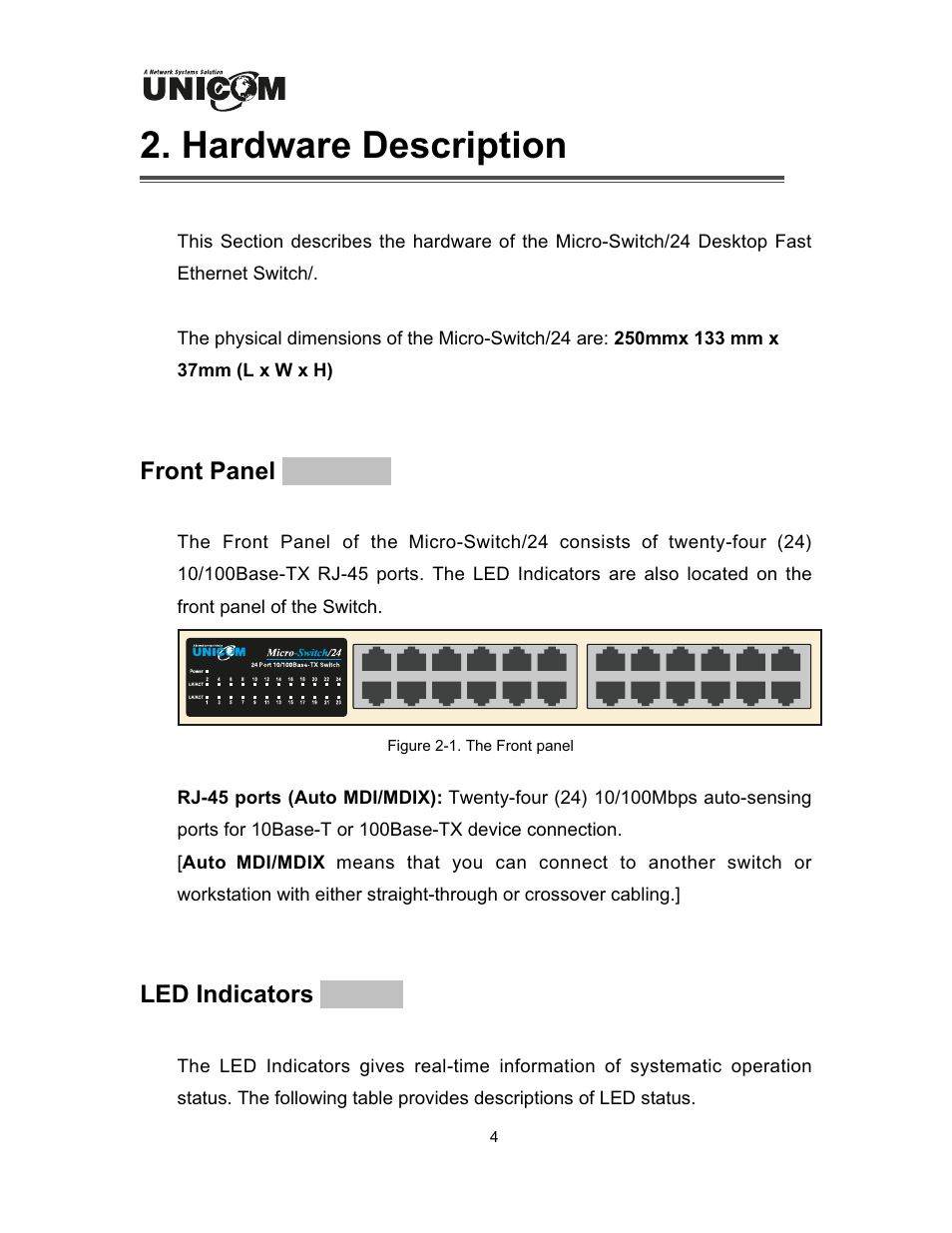 Hardware description, Front panel, Led indicators | UNICOM Electric FEP-32024T User Manual | Page 7 / 15