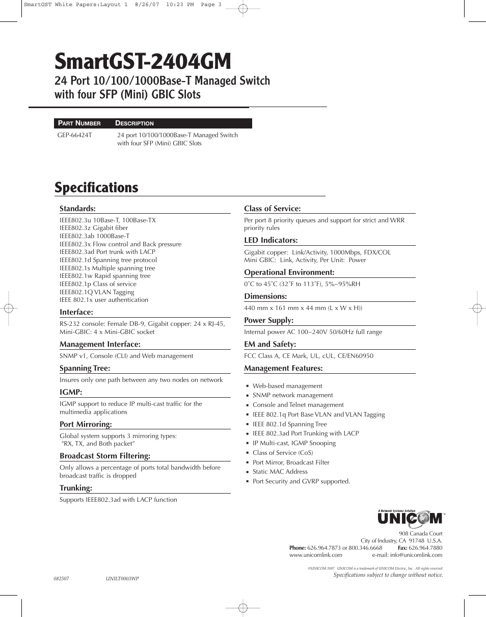 UNICOM Electric SmartGST-2404GM User Manual | 1 page