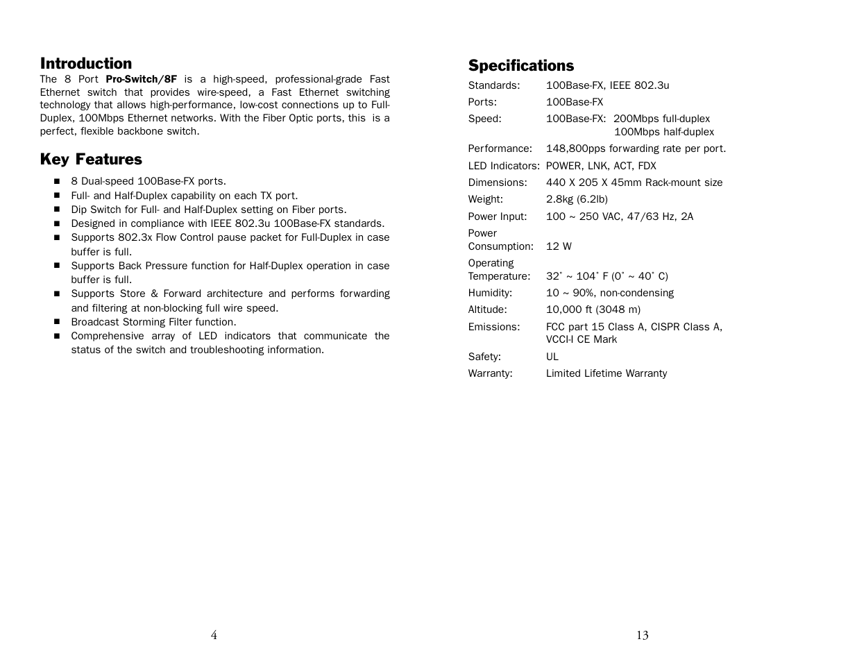 Introduction, Key features, Specifications | UNICOM Electric Pro- 8F User Manual | Page 6 / 10