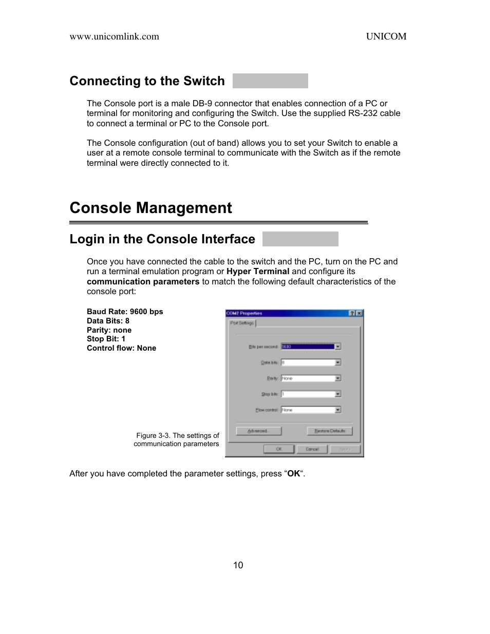 Console management, Connecting to the switch, Login in the console interface | UNICOM Electric SmartGST-2402M User Manual | Page 11 / 82