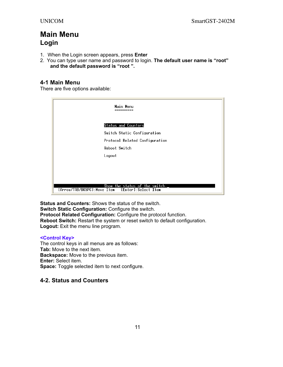 Main menu, Login | UNICOM Electric SmartGST-2402M User Manual | Page 12 / 82