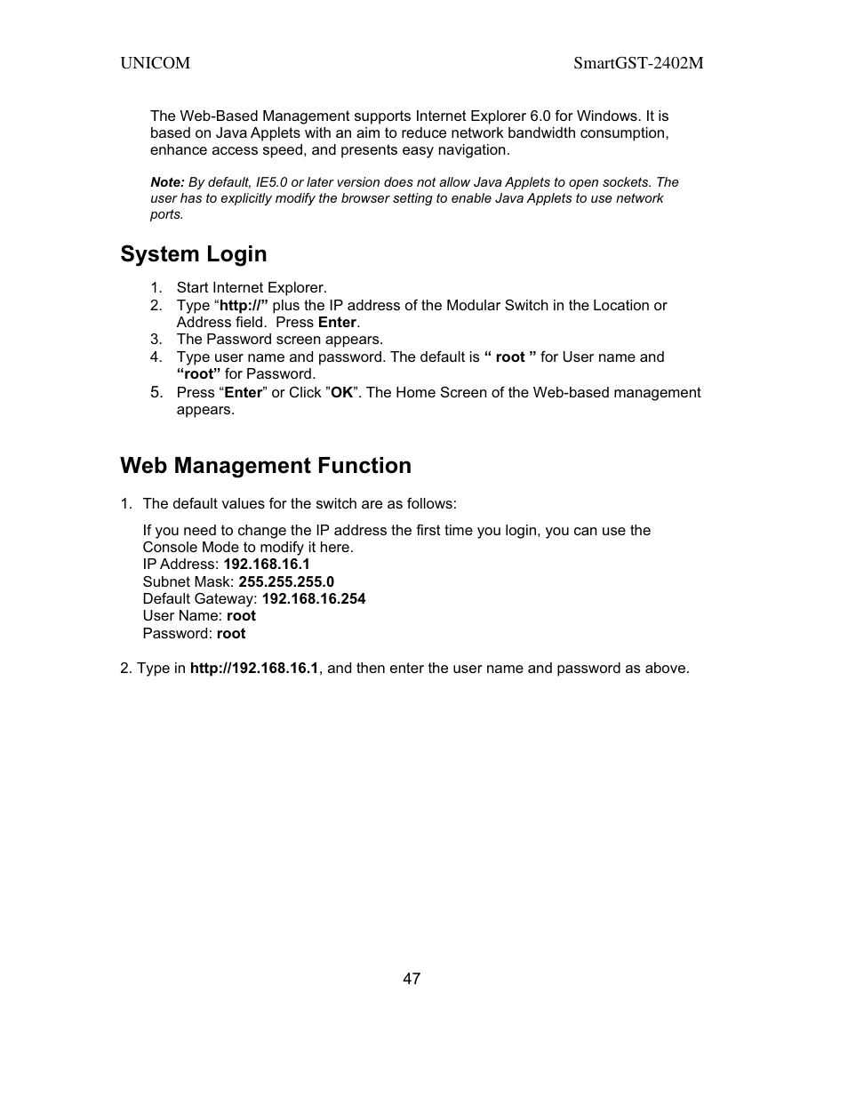 System login, Web management function | UNICOM Electric SmartGST-2402M User Manual | Page 48 / 82