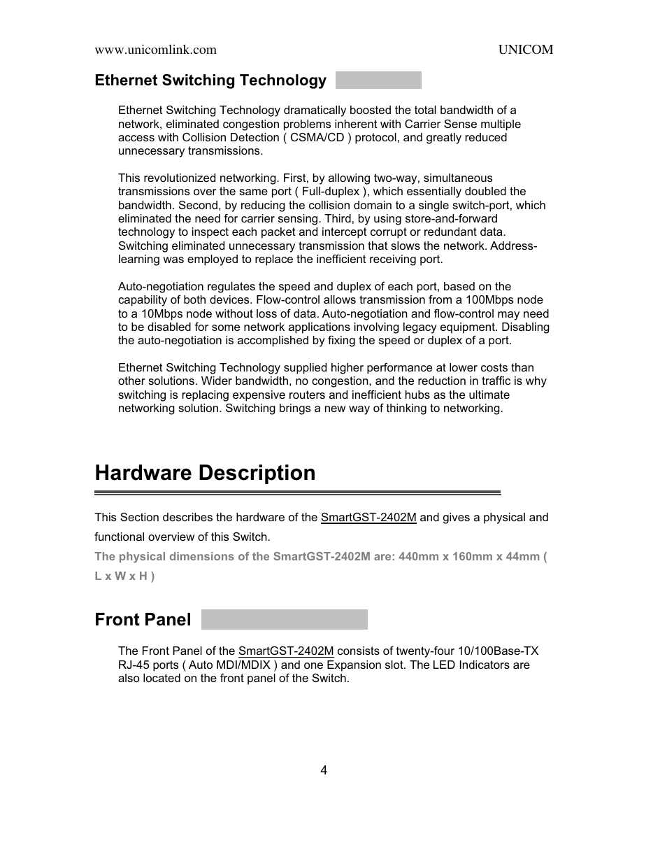 Hardware description, Front panel, Ethernet switching technology | UNICOM Electric SmartGST-2402M User Manual | Page 5 / 82