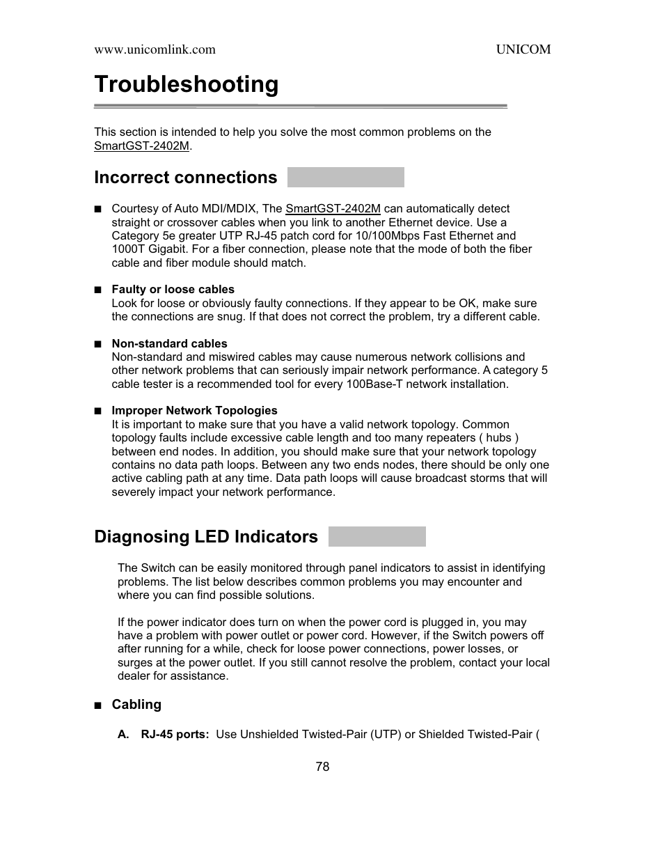 Troubleshooting, Incorrect connections, Diagnosing led indicators | UNICOM Electric SmartGST-2402M User Manual | Page 79 / 82