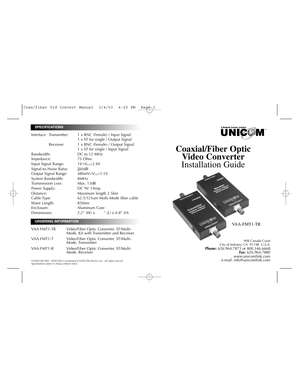 UNICOM Electric VAA-FMT1-TR User Manual | 2 pages