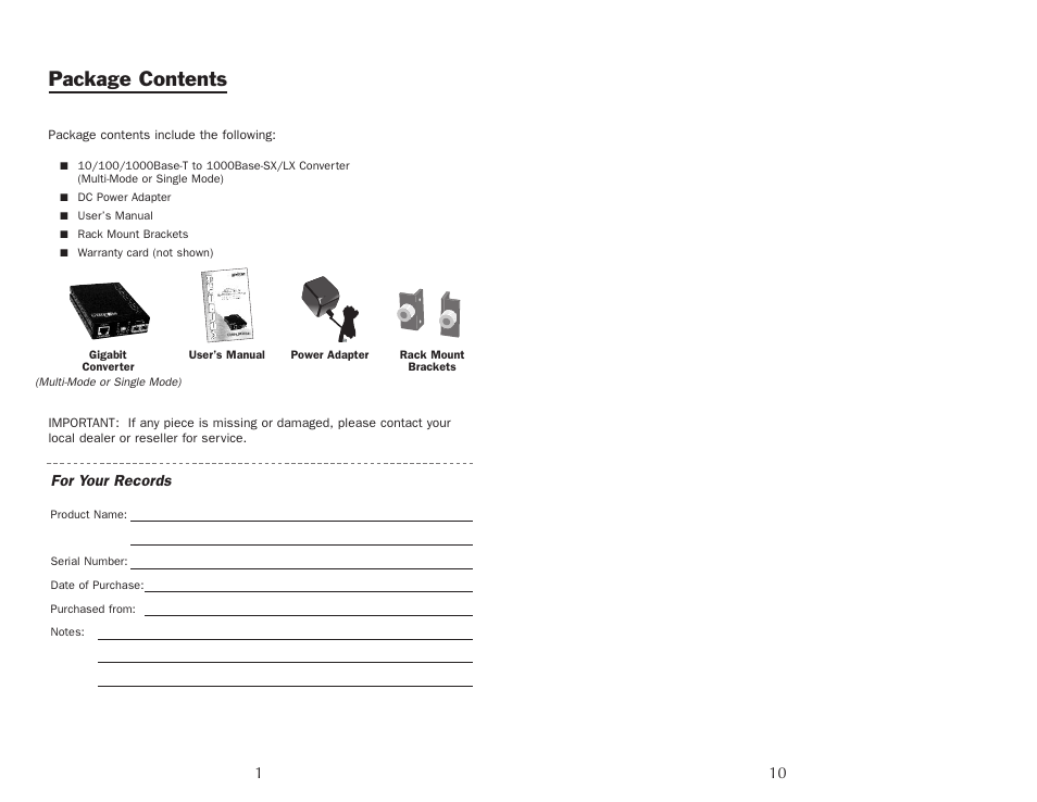 Package contents | UNICOM Electric Unicom Velocity 10/100/1000Base-T 1000Base-SX/LX Gigabit Ethernet Converter GEP-5400TF-C User Manual | Page 2 / 6
