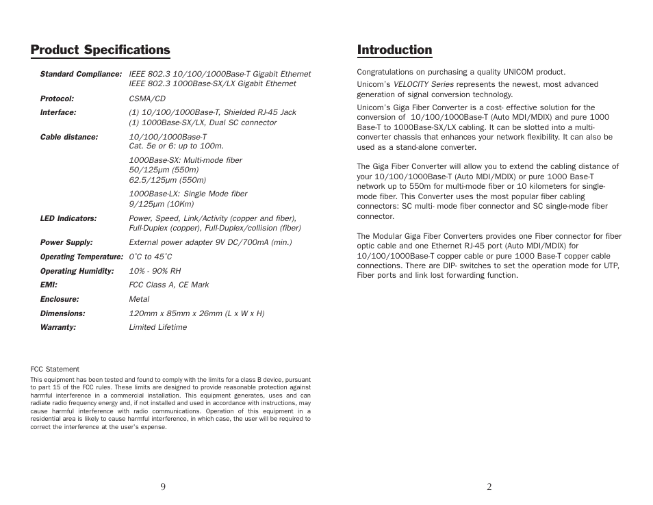 Introduction, Product specifications | UNICOM Electric Unicom Velocity 10/100/1000Base-T 1000Base-SX/LX Gigabit Ethernet Converter GEP-5400TF-C User Manual | Page 3 / 6