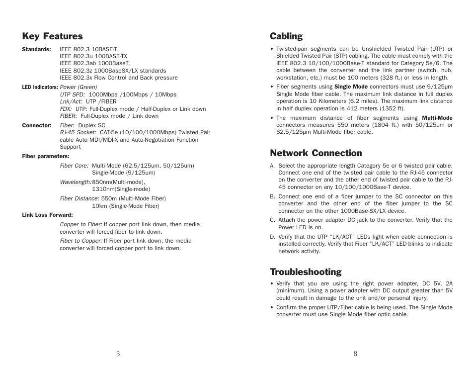 Cabling, Network connection, Troubleshooting | Key features | UNICOM Electric Unicom Velocity 10/100/1000Base-T 1000Base-SX/LX Gigabit Ethernet Converter GEP-5400TF-C User Manual | Page 4 / 6