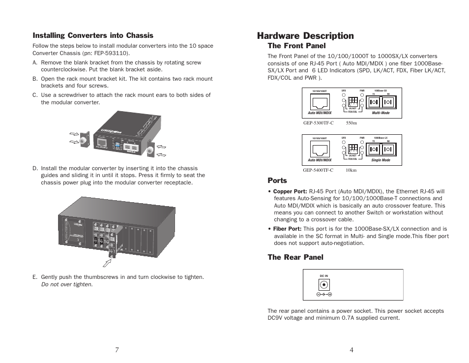 Hardware description, Installing converters into chassis, The front panel | Ports, The rear panel | UNICOM Electric Unicom Velocity 10/100/1000Base-T 1000Base-SX/LX Gigabit Ethernet Converter GEP-5400TF-C User Manual | Page 5 / 6