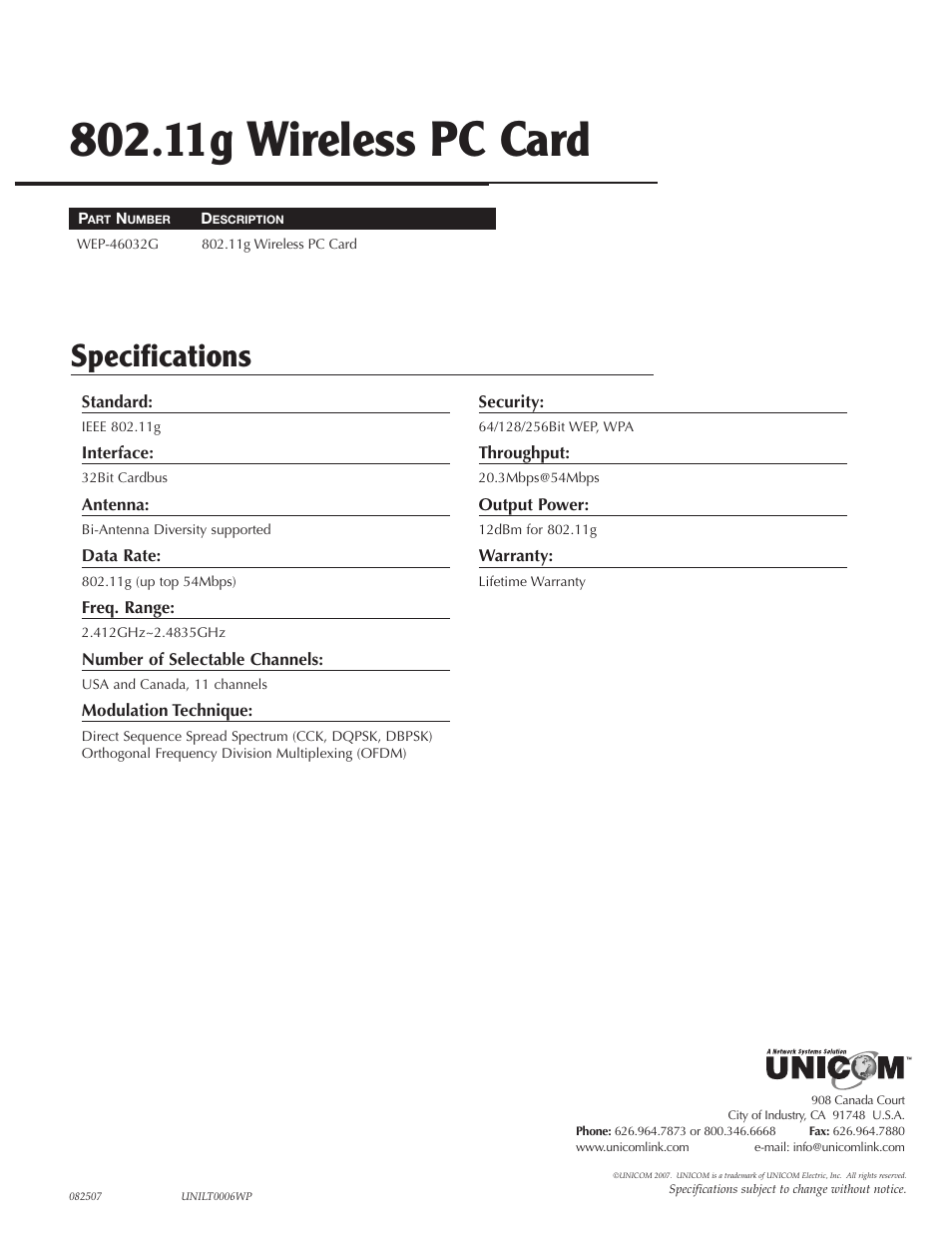 UNICOM Electric 802.11g User Manual | 1 page