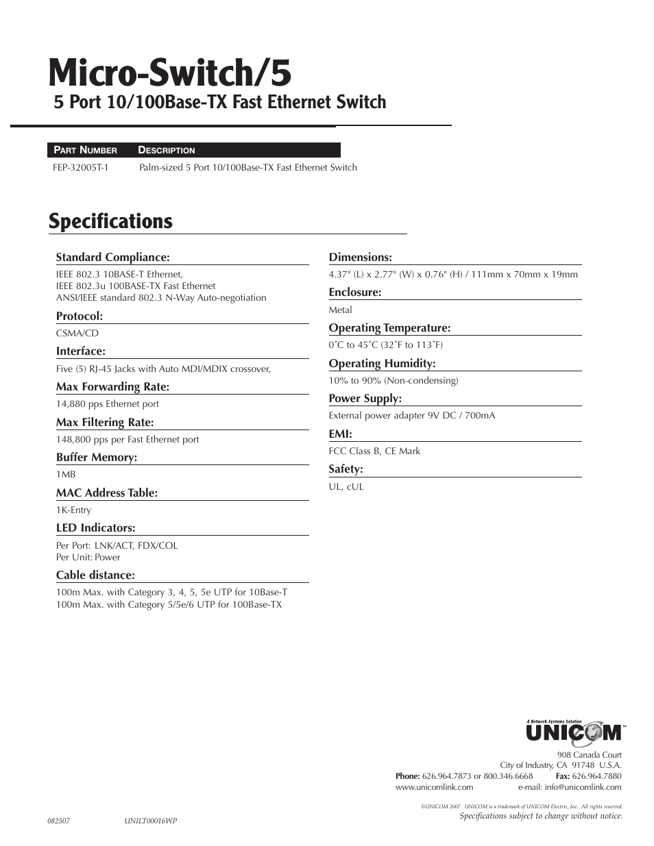 UNICOM Electric Micro-Switch/5 User Manual | 3 pages
