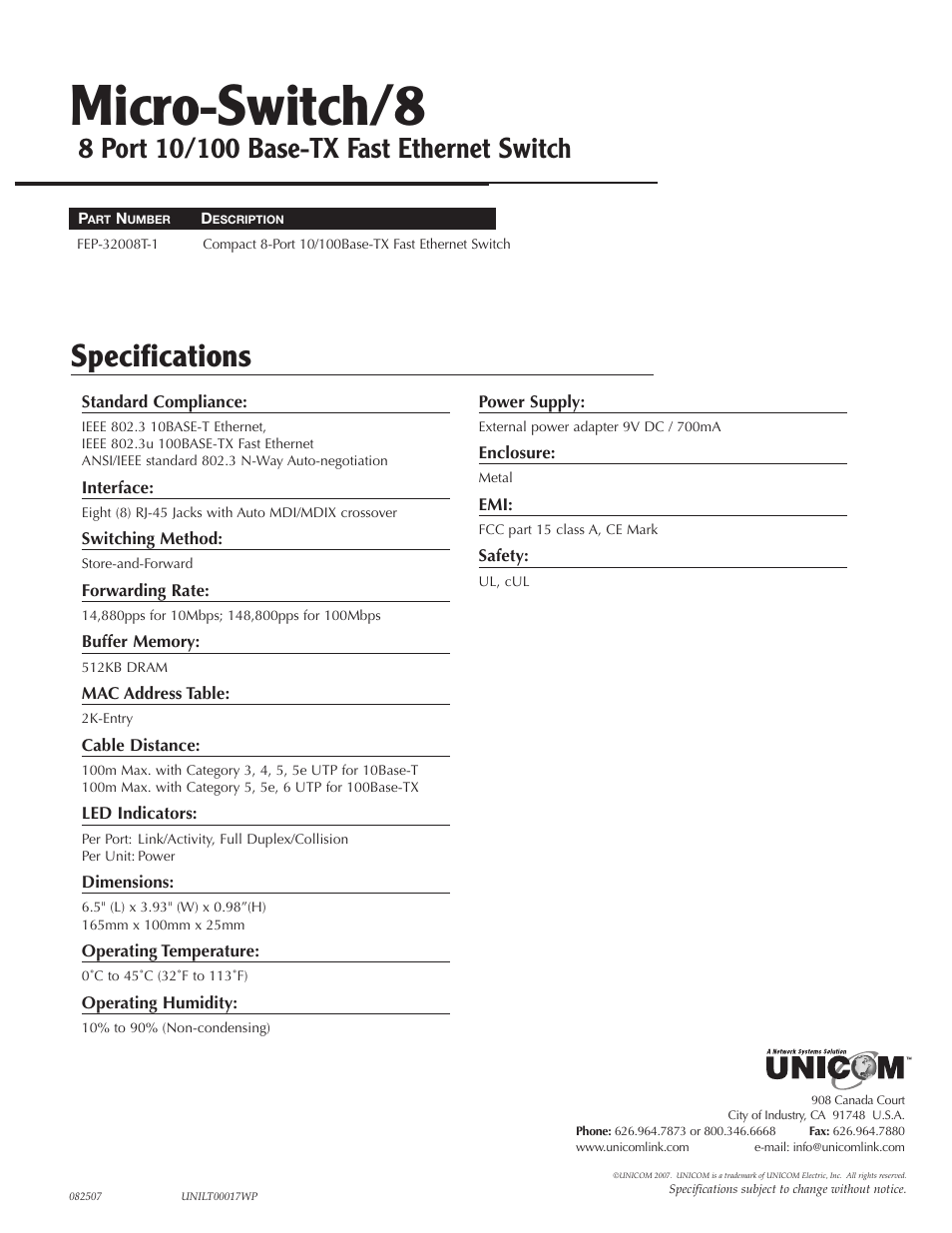 Micro-switch/8, Specifications | UNICOM Electric Micro-Switch/5 User Manual | Page 2 / 3