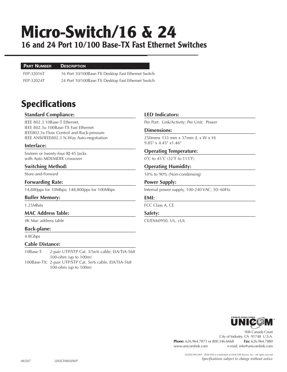 Micro-switch/16 & 24, Specifications | UNICOM Electric Micro-Switch/5 User Manual | Page 3 / 3