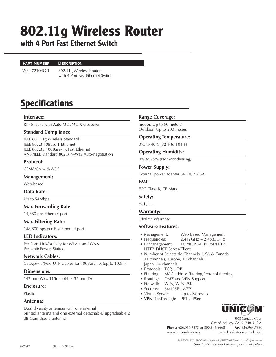 UNICOM Electric WEP-72104G-1 User Manual | 1 page