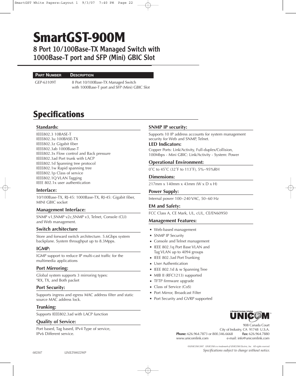 UNICOM Electric Smart GST-900M User Manual | 1 page
