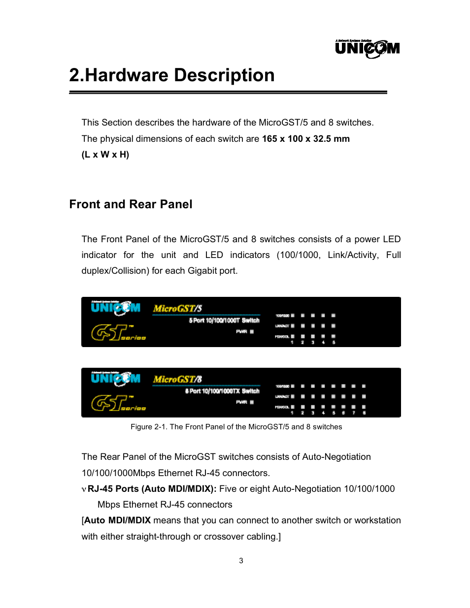 Hardware description, Front and rear panel | UNICOM Electric GEP-32008T User Manual | Page 6 / 12