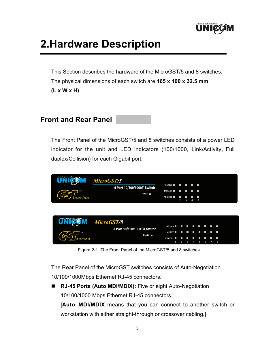 Hardware description, Front and rear panel | UNICOM Electric GEP-32005T User Manual | Page 6 / 12