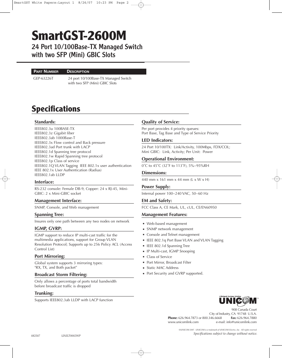 UNICOM Electric SmartGST-2600M User Manual | 1 page
