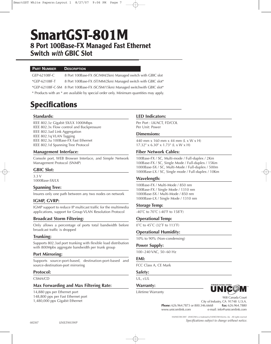 UNICOM Electric SmartGST-801M User Manual | 1 page