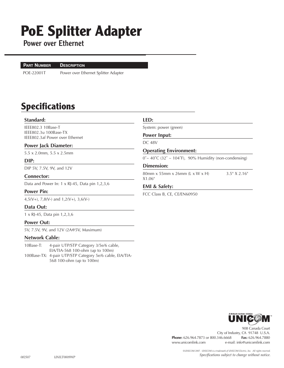 UNICOM Electric POE-22001T User Manual | 1 page