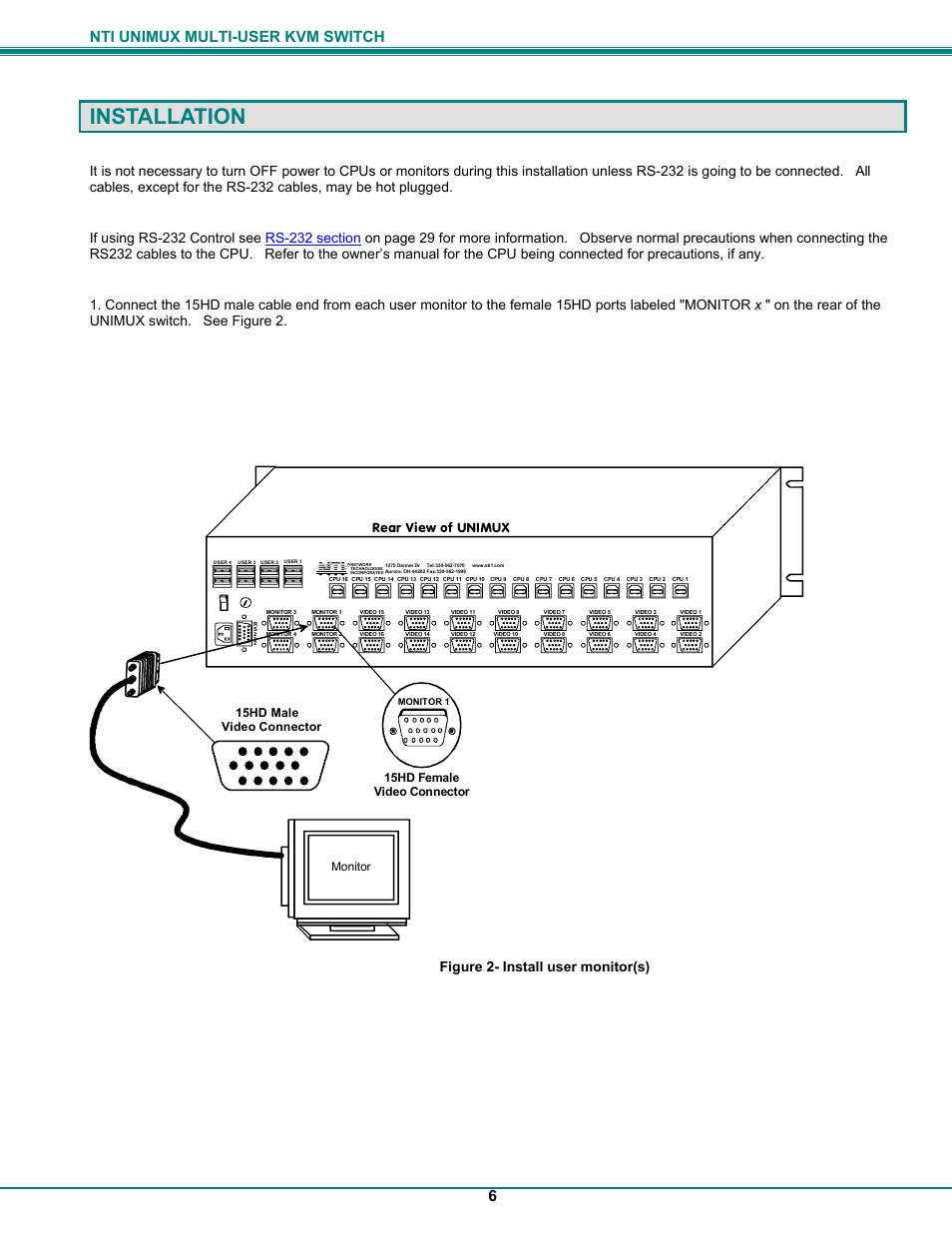 Installation, Nti unimux multi-user kvm switch 6, Figure 2- install user monitor(s) | UNIMAX Houseware KVM Switch User Manual | Page 11 / 46