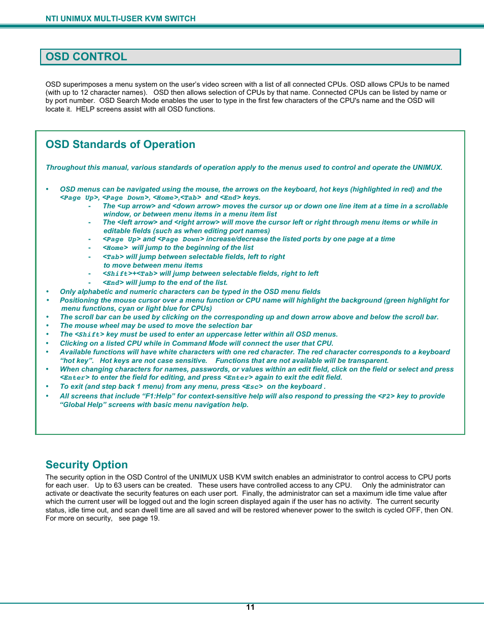 Osd control, Osd standards of operation, Security option | UNIMAX Houseware KVM Switch User Manual | Page 16 / 46