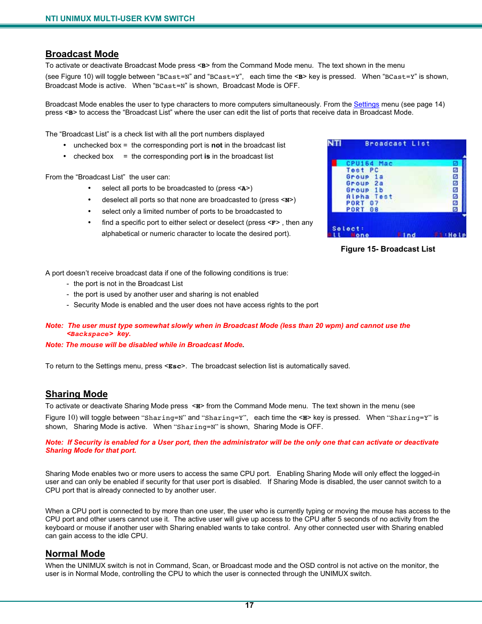Broadcast mode, Sharing mode, Normal mode | UNIMAX Houseware KVM Switch User Manual | Page 22 / 46