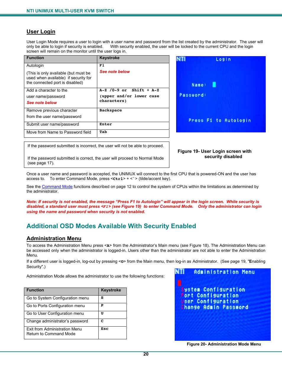 User login, Administration menu | UNIMAX Houseware KVM Switch User Manual | Page 25 / 46