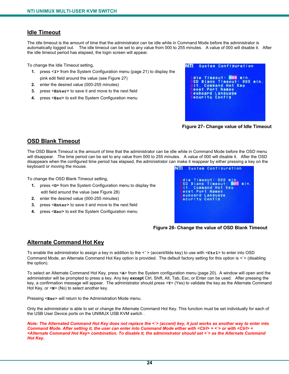 Idle timeout, Osd blank timeout, Alternate command hot key | UNIMAX Houseware KVM Switch User Manual | Page 29 / 46