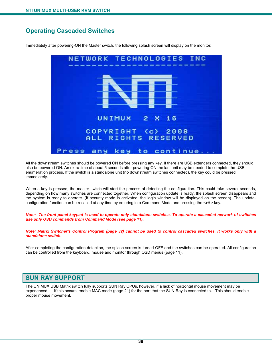Operating cascaded switches, Sun ray support | UNIMAX Houseware KVM Switch User Manual | Page 43 / 46