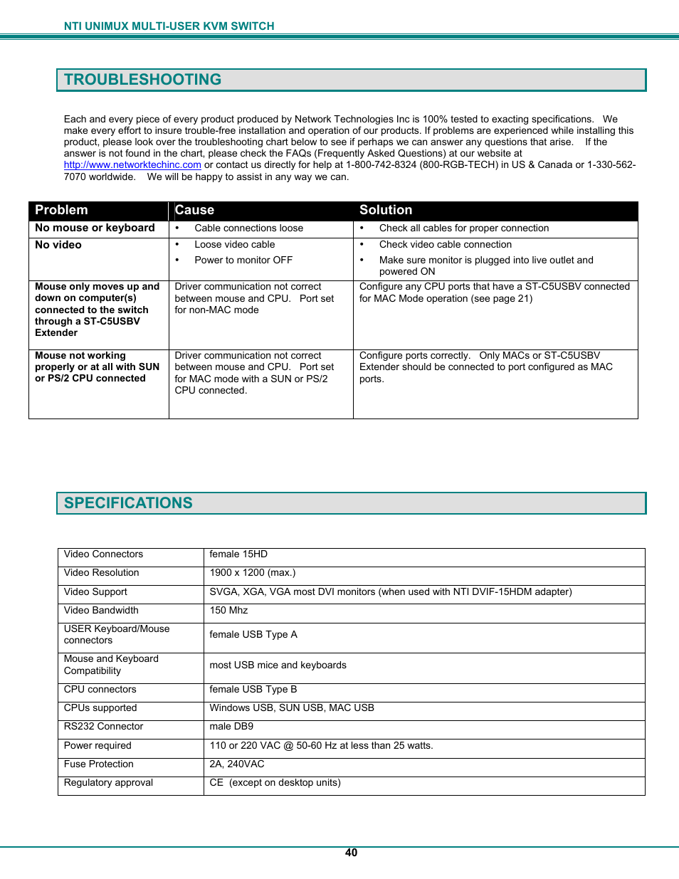 Troubleshooting, Specifications | UNIMAX Houseware KVM Switch User Manual | Page 45 / 46