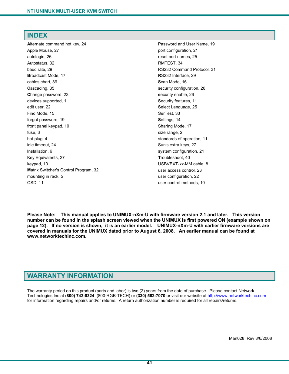 Index, Warranty information | UNIMAX Houseware KVM Switch User Manual | Page 46 / 46