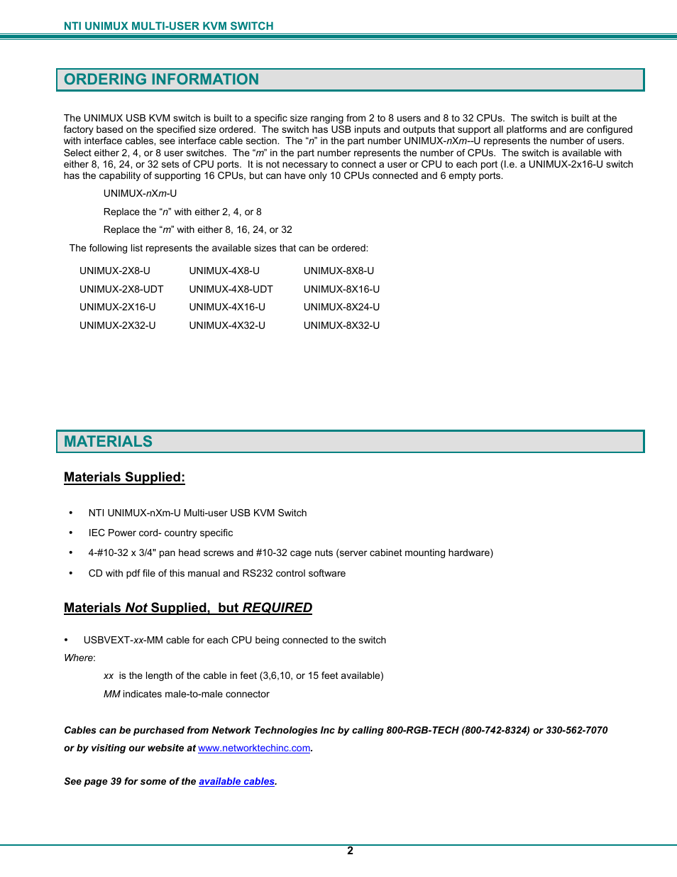 Ordering information, Materials, Materials supplied | Materials not supplied, but required | UNIMAX Houseware KVM Switch User Manual | Page 7 / 46
