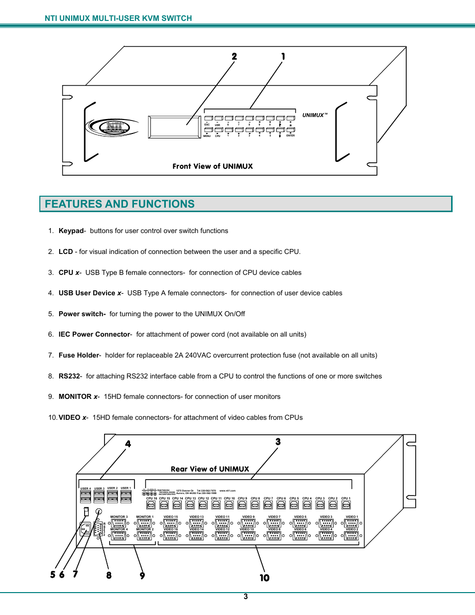 Features and functions, Nti unimux multi-user kvm switch 3, Front view of unimux | Rear view of unimux | UNIMAX Houseware KVM Switch User Manual | Page 8 / 46