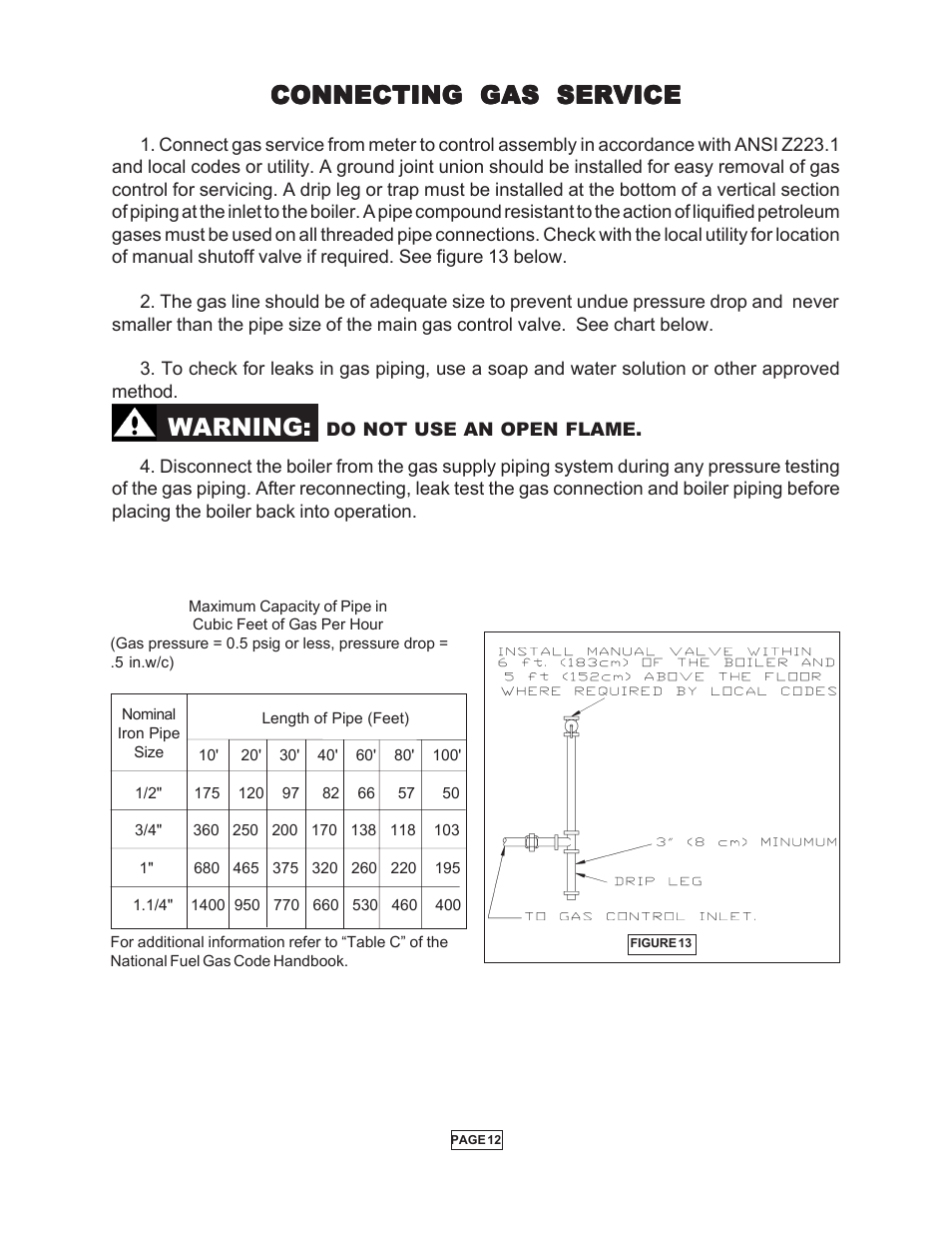 Connecting gas service, Warning | Utica Gas-fired Boiler User Manual | Page 13 / 28