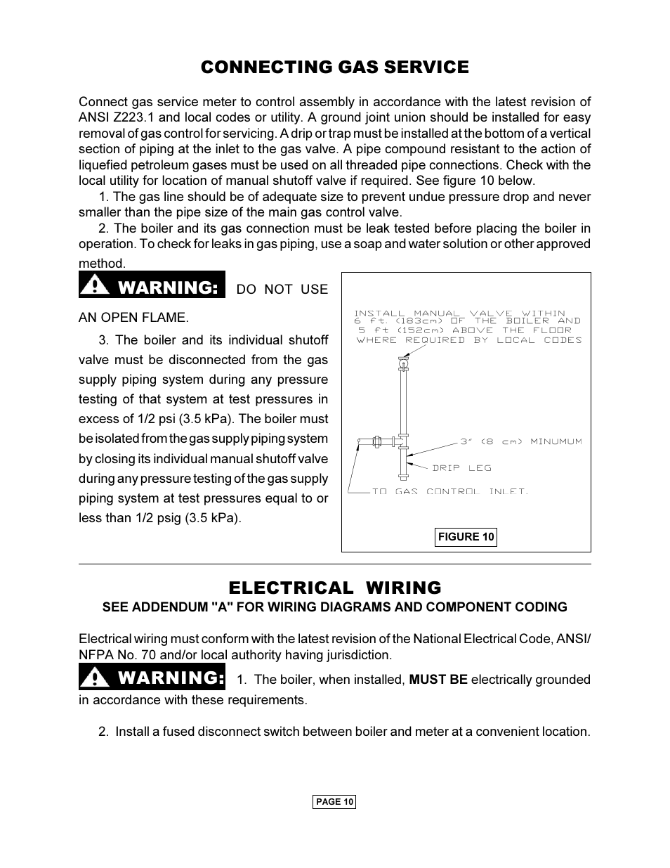 Connecting gas service, Warning, Electrical wiring | Utica PEG-C User Manual | Page 12 / 28